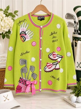 Berek Golf Sweater Women’s L Lime Green Pink Embellished Novelty Cardigan